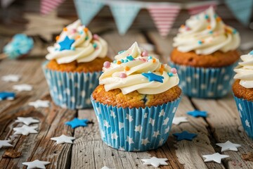 Fototapeta na wymiar Delicious cupcakes with white frosting and blue polka dots