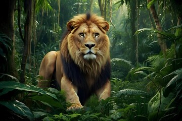 Naklejka na ściany i meble Lion in forest walking in greenery 