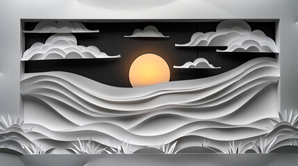 Black and white layered paper cutout of sunset over a flat field with rolling clouds, inside a thin paper frame. Generative Ai