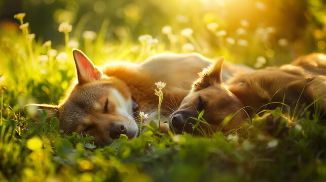 Dog lying in the green meadow in summer Beautiful sunset with nature photography background with blurred background. Space for text. Zen concept. Nature.