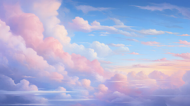 illustration of the sky with beautiful clouds with a color palette in the afternoon, a gradient of pink and orange on the white clouds