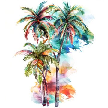 Three palm trees depicted in watercolor on a white background