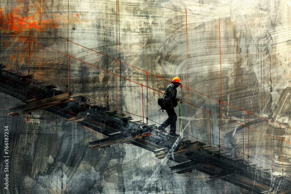 Aufkleber an abstract image of a construction worker at work on a bridge.