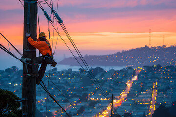Naklejka premium Electrical Worker Replaces Insulation While Hanging From Electric Pole 