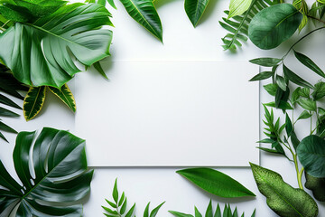 Tropical palm leaves with white card. Text box. Flat lay, nature concept, green tropical leaves on white background.