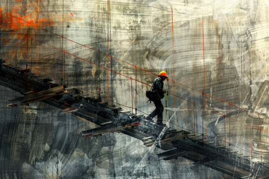 An abstract image of a construction worker at work on a bridge.