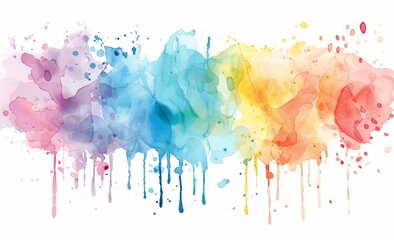 Watercolor paint splattered across a white surface creating abstract shapes and patterns