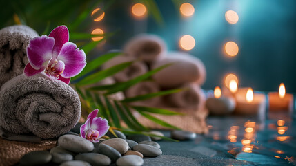 Spa massage elements with candles, orchids, towels and black stones in the garden. - obrazy, fototapety, plakaty