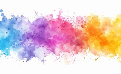 Rainbow colored paint splatters across a pure white background in a vibrant and dynamic display of color and movement