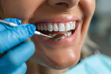 A woman is getting her teeth cleaned by a dentist. The dentist is wearing blue gloves and holding a dental mirror. The woman has a big smile on her face. woman smiles. An appointment with a dentist