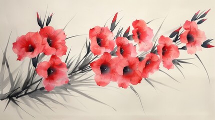  a painting of a bunch of red flowers on a white background with a shadow of a plant on the left side of the painting.