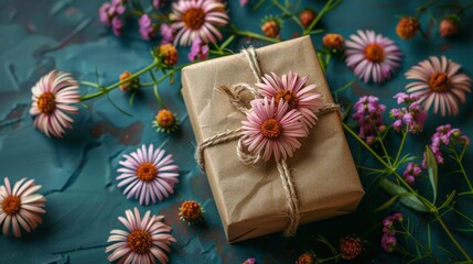  a gift wrapped in brown paper and tied with a twine of twine and surrounded by pink and orange flowers.