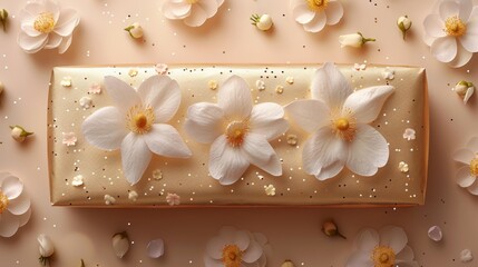  a piece of cake decorated with white flowers on top of a table with confetti sprinkles.