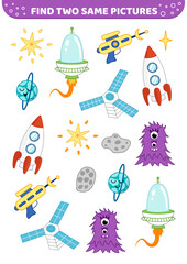 Spacecraft, space ship, monster, alien. Find two same pictures. Game for children. Cartoon, vector
