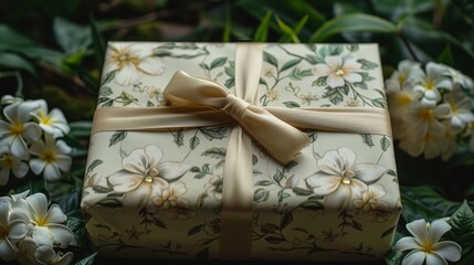  a close up of a present box with a bow on top of it surrounded by white flowers and green leaves.