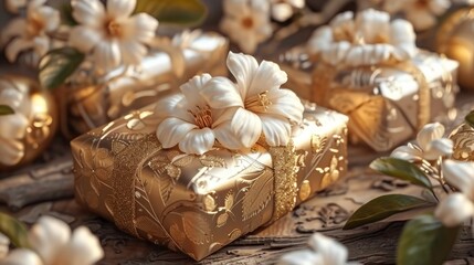 Fototapeta na wymiar a close up of a gold gift box with white flowers on it and other gold gift boxes in the background.