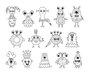 Big set of aliens and monsters. Coloring page. Black and white ufo. Vector