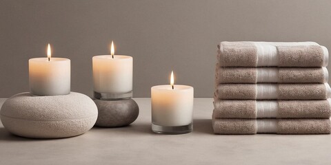 Spa still life with towels, candles and massage stones on grey background.