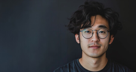Fototapeta premium A asian man with glasses is standing in front of a black background. He is smiling and looking at the camera. Portrait of a young asian man wearing glasses on dark background
