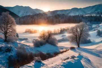 Fototapete Rund winter landscape with sunrise © Awan