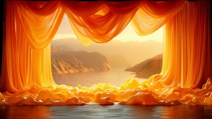  a window with a view of a body of water and a mountain range in the distance with orange drapes.