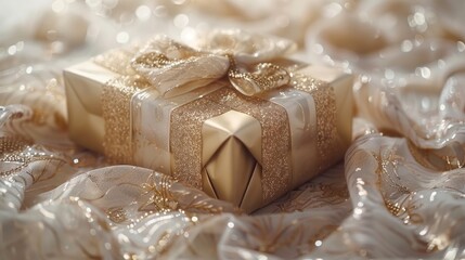 Fototapeta na wymiar a close up of a gold gift box on a white and gold cloth with gold sequins on it.