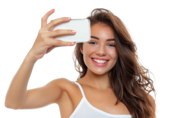Portrait of beautiful young woman taking selfie posing with smile and attractive focus look, isolated on trasparent png background.