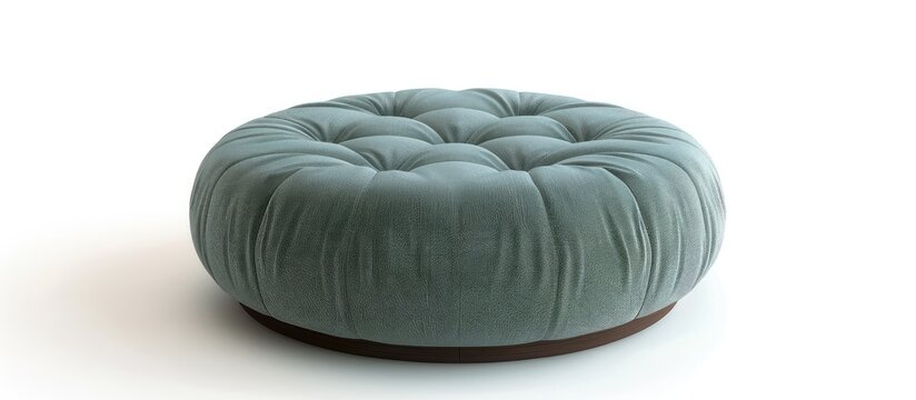 A fashionable blue ottoman with a wooden base is placed on a white background, creating a striking still life composition in macro photography