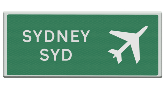 Digital composition. .Road sign for Sydney SYD airport. .PNg file .