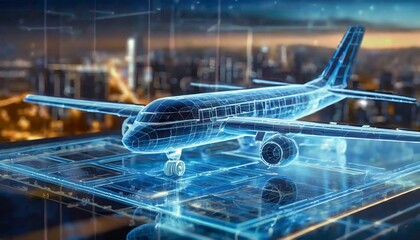 Futuristic holographic outline model of a civil airplane. Cold tone wireframe of an aircraft. Polygonal model. Modern city in the background - obrazy, fototapety, plakaty