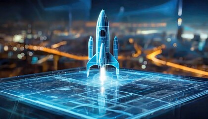 Futuristic holographic outline model of a spacecraft taking off. Cold tone wireframe of a spaceship. Polygonal model. Modern city in the background