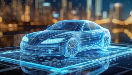 Futuristic holographic outline model of a coupe car. Cold tone wireframe of a civil vehicle. Polygonal model. Modern city in the background - obrazy, fototapety, plakaty