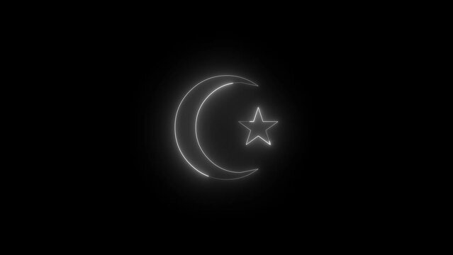 Neon glowing white color star and crescent sign icon animation black background