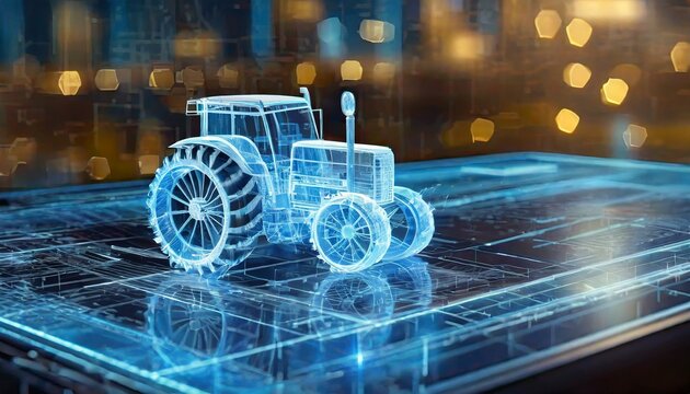 Futuristic holographic outline model of a tractor. Cold tone wireframe of a small farming vehicle. Polygonal model. Modern city in the background