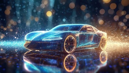 Futuristic sports car wireframe hologram on abstract space bokeh background. Concept car digital model.
