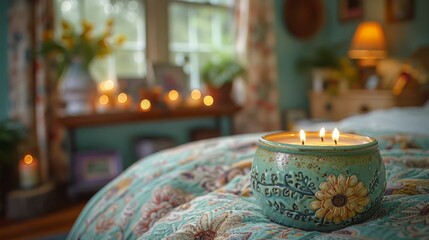  a close up of a lit candle on a bed in a room with a flowered bedspread and a window. - obrazy, fototapety, plakaty