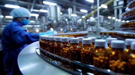 Pharmaceutical plant worker inspects medication production line. Modern pharmacy industry. Focus on healthcare manufacturing. Blurred background enhances subject. AI