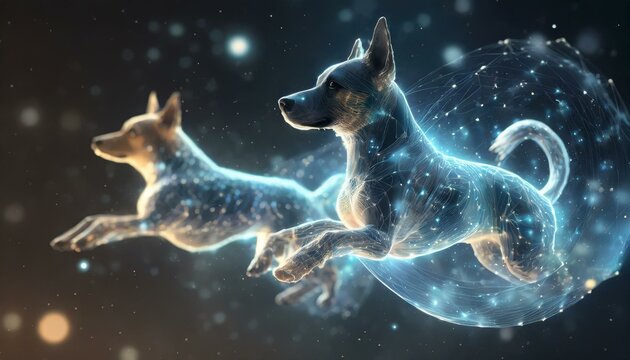 Futuristic cyber hologram background of dogs. Cold blue tone. Animals floating in space. Outline against a dark backdrop.
