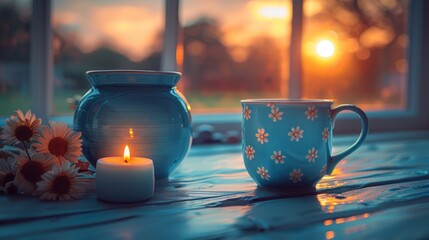 a teacup and a candle on a table in front of a window with the sun setting in the background. - obrazy, fototapety, plakaty