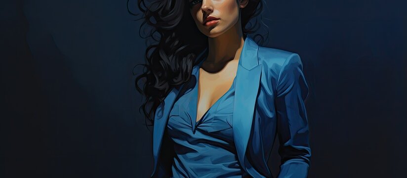 A detailed painting of an elegant woman wearing a blue suit and a matching shirt, exuding a sense of sophistication and style
