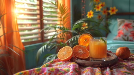  a glass of orange juice sitting on top of a table next to an orange slice and an orange slice on a plate.