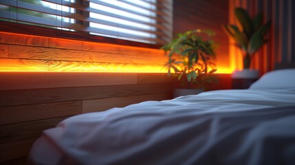  a bed with a white comforter next to a window with a wooden slatted window sill and a potted plant. - obrazy, fototapety, plakaty