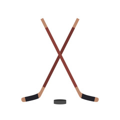 two crossed hockey sticks and a puck flat design vector illustration. Hockey sticks, cues with puck isolated on white background. Sport equipment symbol