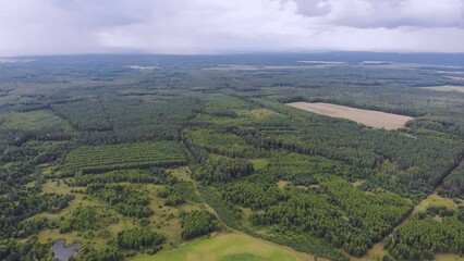 Aerial view of forests and fields.