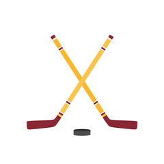 two crossed hockey sticks and a puck flat design vector illustration. Hockey sticks, cues with puck isolated on white background. Sport equipment symbol