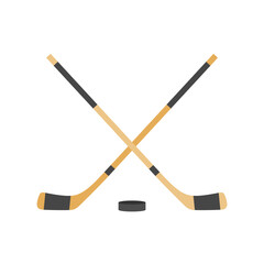 two crossed hockey sticks and a puck flat design vector illustration. Hockey sticks, cues with puck isolated on white background. Sport equipment symbol