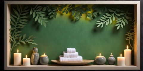 Spa composition with candles, towels and green leaves on a green background.