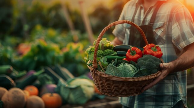 Young farmer holding fresh vegetables in a basket. The concept of biological, bio products, bio ecology, grown by own hands, vegetarians, salads healthy.