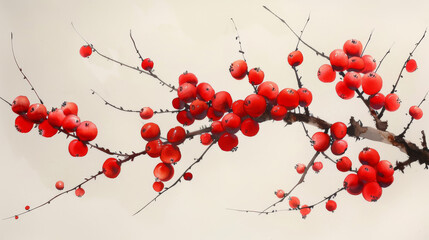  a branch of a tree with red berries hanging from it's branches, with a white sky in the background. - obrazy, fototapety, plakaty