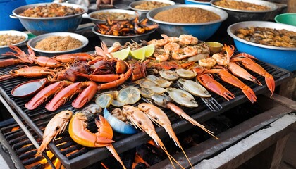 asian grilled barbecued mixed seafood in kep market cambodia